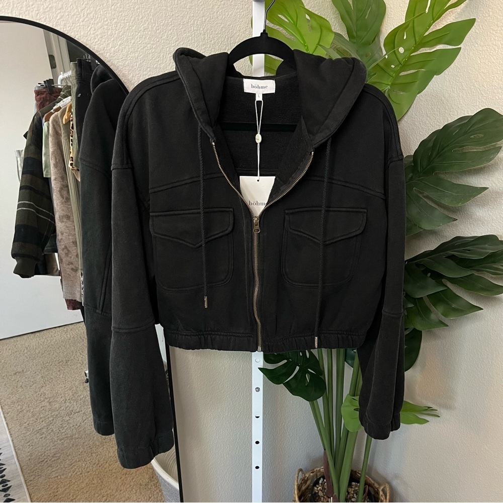 🖤 Böhme Black Cropped Utility Hoodie Jacket Sz L | Zip-Up Streetwear Layer